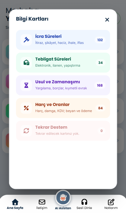 İcra Müdürü uygulamasında İcra Süreleri, Tebligat Süreleri, Usul ve Zamanaşımı, Harç ve Oranlar ile Tekrar Destem bilgi kartları ekranı