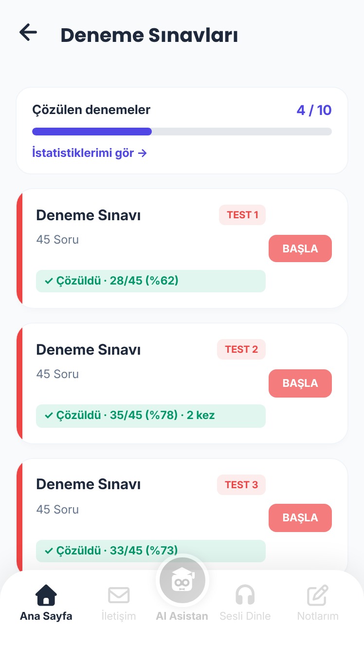 Deneme Sınavları ekranında çözülen deneme sayısı ve her denemenin sonucunu gösteren Çözüldü işaretleri