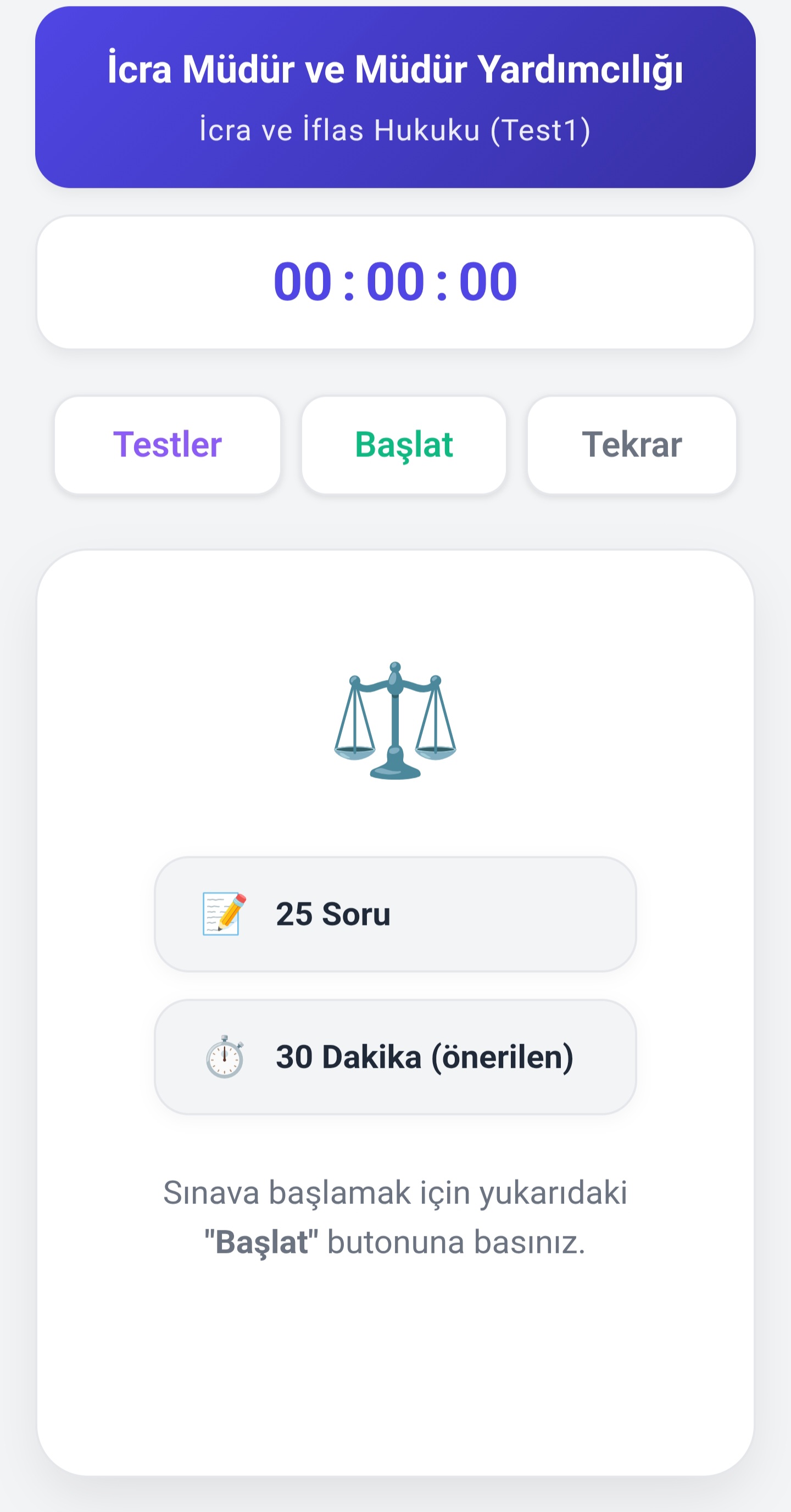 Alan bilgisi deneme sınavını başlatma ekranı